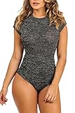 Rokiney Women's Short Sleeve Lace Up Back Cross Cutout Tight Bodysuit Jumpsuits