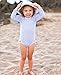 RuffleButts® Baby/Toddler Girls Long Sleeve One Piece Swimsuit - Blue Seersucker with UPF 50+ Sun Protection - 0-3m