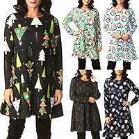 CactusAngui Casual Dress Women Christmas Tree Santa Claus Round Neck Long Sleeve Swing Flared Dress - Light Green XL