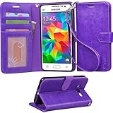 Grand Prime Case, Arae Samsung Galaxy Grand Prime wallet case,[Wrist Strap] Flip Folio [Kickstand Feature] PU leather wallet case with ID&Credit Card Pockets For Samsung Galaxy Grand Prime (Purple)
