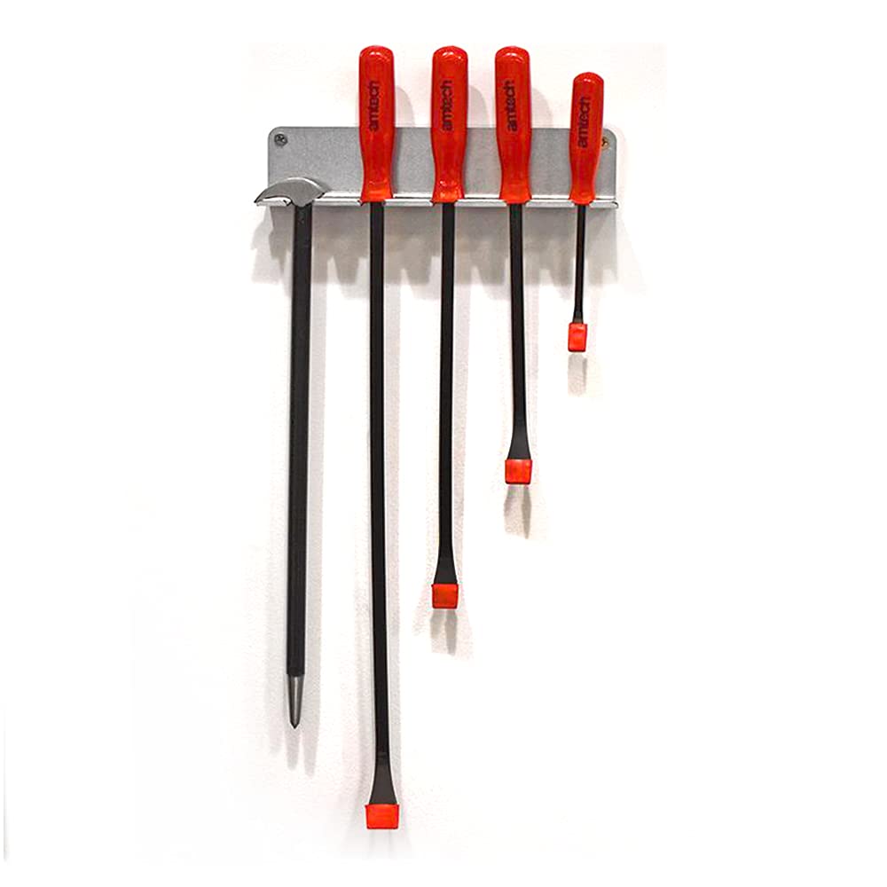 MegaMaxx Pry Bar Heel Storage Shelf with 5 Holder Slots - British Galvanised Steel Pry Tool, Heavy Duty Toe Puller Wall Mountable Organiser - Bare Steel