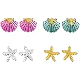 4 Pairs Earrings Set Clam Shell Starfish Conch Sea Shell Charm Cowrie Earrings for Women Pearl Stud Earring Summer Beach Ocean Starfish Jewelry