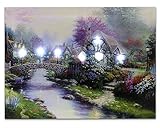 Canvas Art - Wall Art with LED Lights Canvas Print - Village Cottages Along a Stream - Old Fashioned Cobblestone Bridge - 12x16 Inch