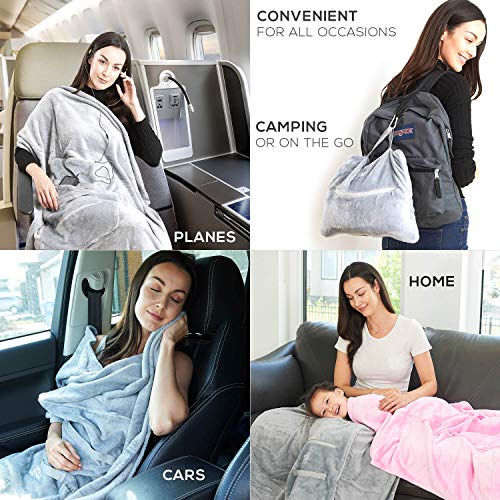4 in 1 Travel Blanket - Lightweight, Warm and Portable. The Latest Small Compact Airplane Blankets & Pillow Set. Made of Warm Plush, 2 Practical Mesh Pockets with Fashionable Carry & Luggage Straps - Thumbnail 3