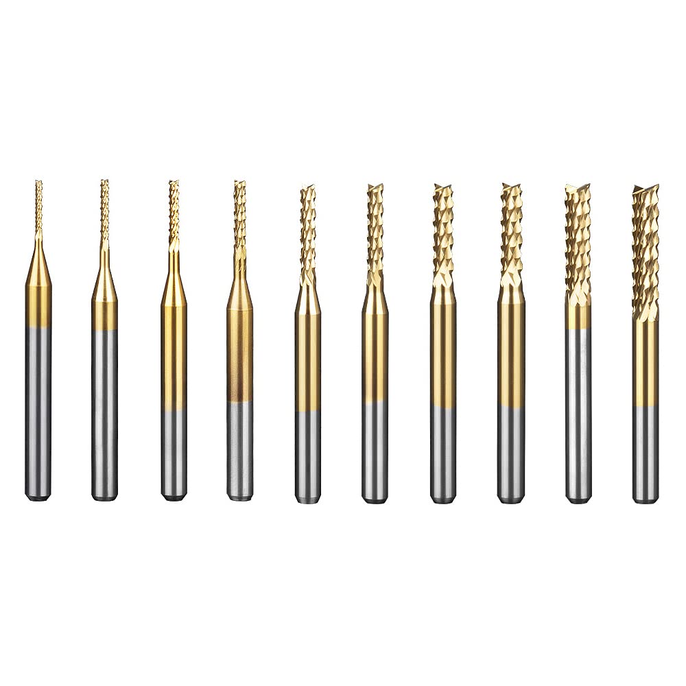 Oudtinx 10Pcs 0.8-3 mm Titanium Coat Carbide End Mill Engraving Bits CNC Rotary Burrs Set Tool PCB Mould