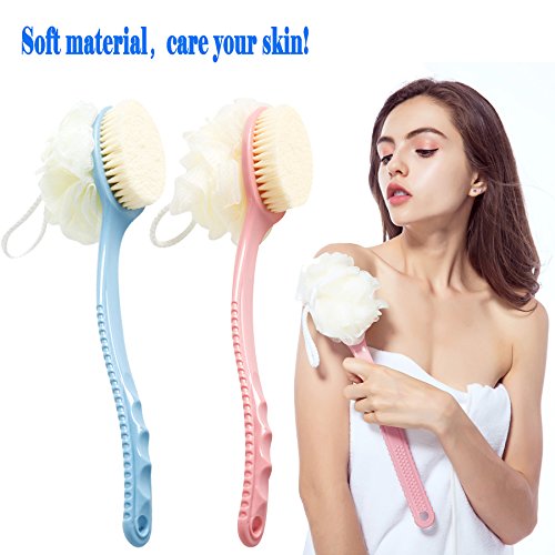 Bath Brush with Long Handle Bamyko Shower Back Scrubber Body Brush Sponge Loofahs 2 Pack + Self Adhesive Hooks 2 PCS