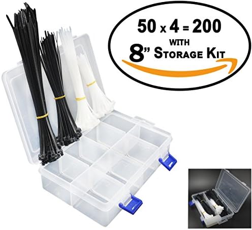 Self-Locking Nylon Cable Ties Assortment With 8 Grids Plastic Organizer Storage Box Kit (Removable Dividers) - 200 pcs 4/6/8 inch Assorted Multi-Purpose Nylon Zip Wire Tie Management (Combo Pack)