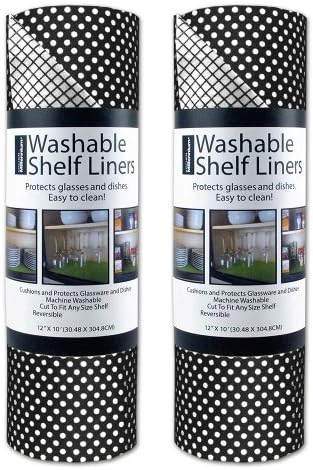 DII Non Adhesive Cut to Fit Machine Washable Shelf Liner Paper For Cabinets, Kitchen Shelves, Drawers, Set of 2, 12 x 10" - Black Dots