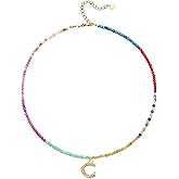 MEVOME Beaded Initial Necklace for Women, Boho Natural Stone Semi-Precious Stone 18K Gold Plated Letter Pendant Rainbow Colorful Trendy Alphabet Dainty Choker Jewelry for Women Summer Beach Party