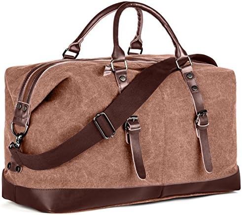 Travel Tote Duffel Shoulder Bag - Canvas With Leather Trimming - Many Pockets - Removable Shoulder Strap. (Coffee)