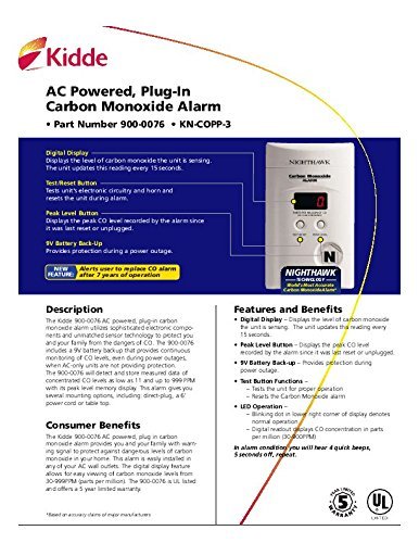 Kidde KN-COPP-3 Carbon Monoxide Detector, AC Plugin, Battery Backup w/ Digital Display Model: KN-COPP-3