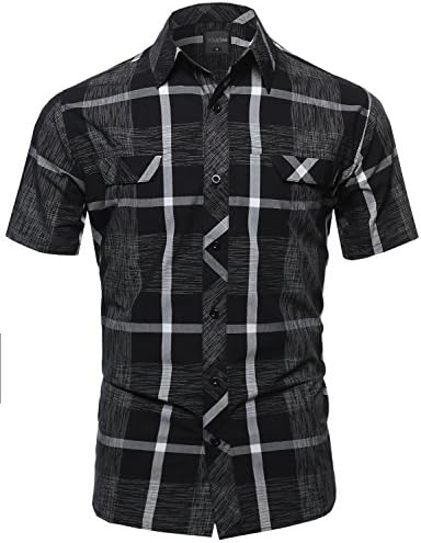 Plaid Button Down Short Sleeve Shirt Black Size L