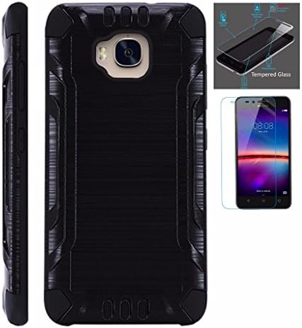 [WORLD ACC For Huawei Ascend XT Case + Tempered Glass Screen Protector / Slim Dual Layer Brushed Texture Armor Hybrid TPU Combat Phone Cover (Black/Black)