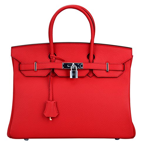 Ainifeel Women's Padlock Handbags with Silver Hardware (35cm, Red)