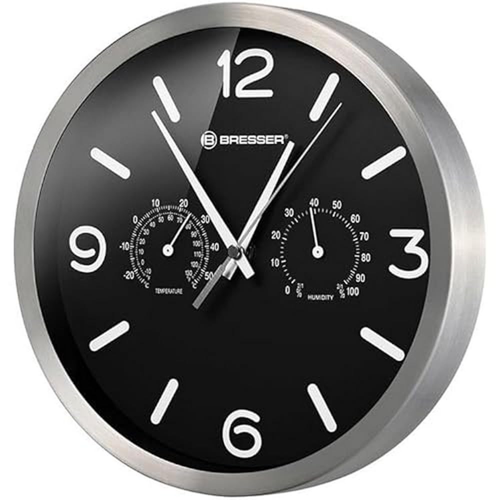 Bresser MyTime ND Radio-Controlled Wall Clock Thermo-Hygro with Silent Radio-Controlled Clock, Stainless Steel Frame and Display for Temperature and Humidity, Black, 250 x 250 mm