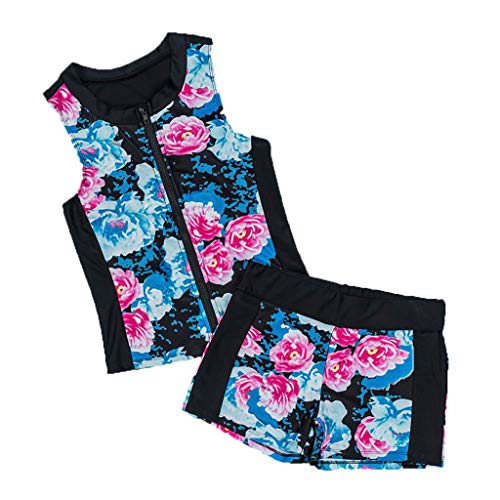 Sttech1 Women Floral Zip Front Tankini Swimsuit with Swim Shorts Sleeveless Rash Guard Surfing Swimwear Two Piece Set Blue - Thumbnail 3