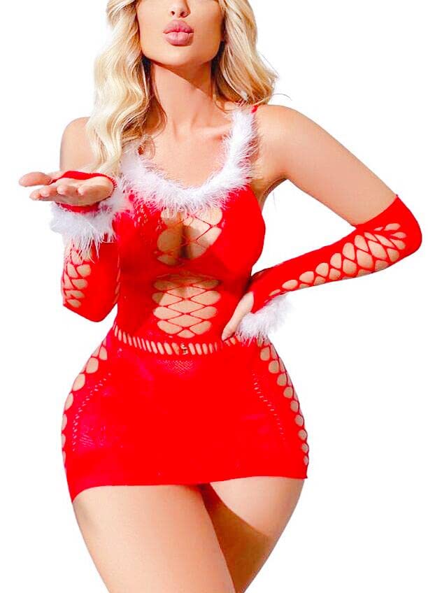 Bommi Fairy Women Lingerie Fishnet Set Chemise + Sleeve Babydolls Mini Dress Mesh Sleepwear Free Size UK 4-20 (Christmas Red)