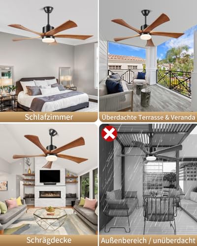 Forrovenco Wooden Ceiling Fan with Light 132 cm / 52 Inches, Ceiling Fan with Lighting and Remote Control, Outdoor Ceiling Fans for Patio, 5 Blades, 6 Levels, Quiet DC Motor, Walnut