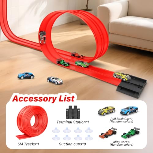 5m Flexible Car Race Track, Fits Hot Wheels & Diecast 1/64 Cars, Roll-Up Loop Track with 4 Mini Cars and 8 Suction Cups, Portable Flex Track Toy Gift for Kids Ages 3+
