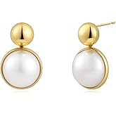 Watforsh 14K Gold Plated White Pearl Stud Drop Dangle Round Bride and Bridesmaids Wedding Earrings for Women