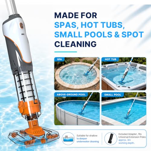 Cordless Pool Spa Vacuum Cleaner Rechargeable Handheld Pool Vacuum | with 60-Min Runtime Dual Filtration 3 Cleaning Heads Telescopic Pole for Sand Leaves Hot Tubs Above Ground & Small Pools