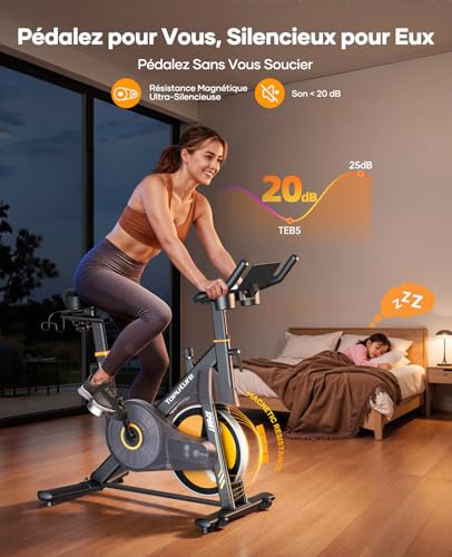 TOPUTURE Exercise Bike, Quiet Exercise Bike with 32 Levels Electric Magnetic Resistance, Premium Touch Screen with App and Heart Sensor, Dumbbell Support, Capacity 150kg