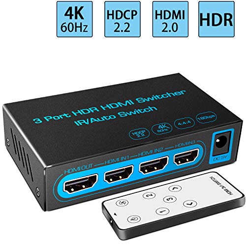 4K@60Hz HDMI Switch FiveHome 3 in 1 Out HDMI Switcher with IR Remote Support Auto Switch HDR HDCP 2.2 Dolby Vision1080P 3D