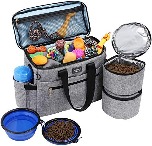 Dog Travel Bag, Pet Owner Multi-Use Dog Outdoor Bag, Include 2X Collapsible Dog Bowls, 2X Food Storage Containers, Airplane Approved, Perfect Weekend Pet Travel Set for Dog, Cat, Gray
