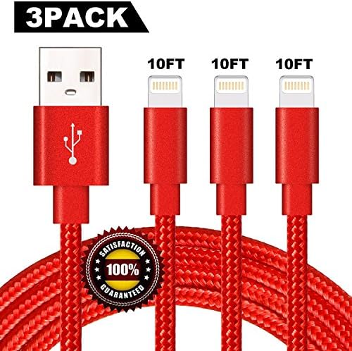 BULESK Lightning Cable 3Pack 10FT Nylon Braided Certified Lightning to USB iPhone Charger Cord for iPhone X 8 7 Plus 6S 6 SE 5S 5C 5, iPad 2 3 4 Mini Air Pro, iPod Nano 7 Red