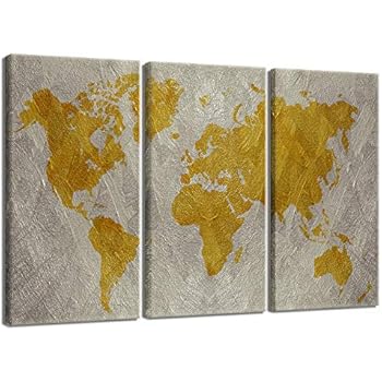 sechars - 3 Pieces Map Wall Art Abstract Gold Map of The World Painting Wall Decor for Modern Home Office Living Room Stretched Gallery Canvas Wrap Giclee Print Ready to Hang