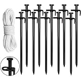 Eurmax 10PC Pack 12 inch Multiuse Heavy Duty Steel Tent Stakes Tarp Pegs Camping Stakes for Outdoor Camping Canopy and tarp Bonus 4 Ropes 10FT Length
