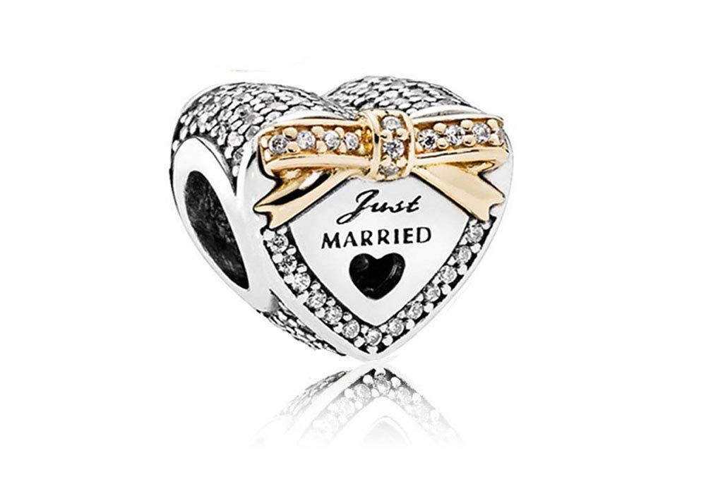 FGT Just Married Love Heart Charm fits Pandora Moments Bracelets Wife Husband Wedding Crystal CZ Gift Women Couple Newlyweds Family Fiancee Birthday Valentine