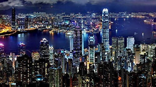 Art Silk Fabric Cloth Rolled Wall Poster Print - Hong kong City Night Lights Skyscrapers Water - (Size:42x24 Inches)