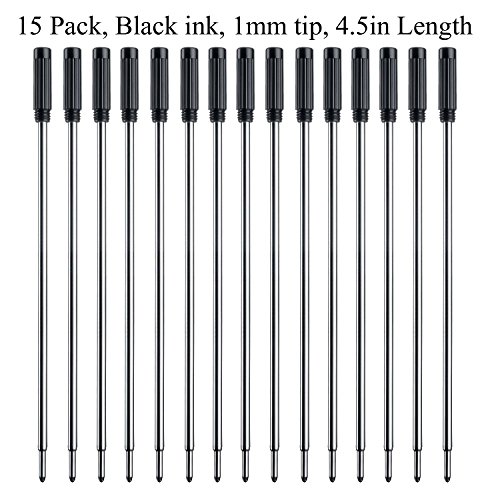 15 Pack Pen Refills 4.5in Replacement Ink Ballpoint Pen Re-fills for Writing Pen, Medium Point, 1.0mm (Black)