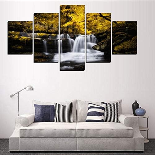 shuyinju No Frame Original Oil Ink 5 Panels Canvas Yellow Tree And Waterfall Painting On Canvas Wall Art Picture Home Decor