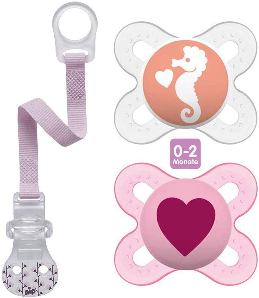 MAM "Skin Soft" Silicone Mini Dummy Start Especially for Premature and Newborns Extra Small // 0-2 Months Girl // Set of 2 // Includes Sterilised Transport Box & NIP Dummy Strap