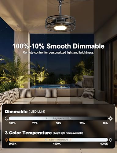 Phylluz Outdoor Ceiling Fan with Lights - 16'' Wet Rated Gazebo Fan Remote/APP Control, Caged Hanging Fan Plug and Play for Covered Patio Porch, Black