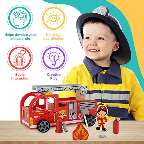 Toy Chest Nyc Wooden Fire Truck with Firefighter Play Figure and