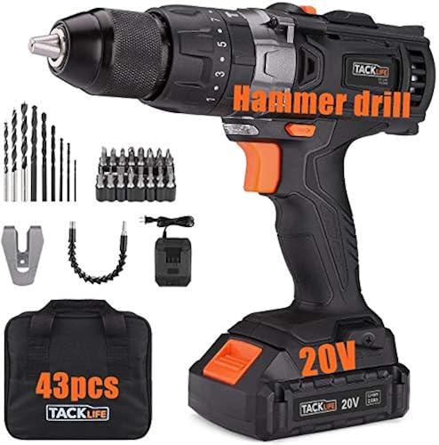 TACKLIFE 20V Cordless Drill, 43pcs, Hour Fast Charger  Li-ion Battery, Hammer Drill with 0-1600RMP Variable Speed, 1/2