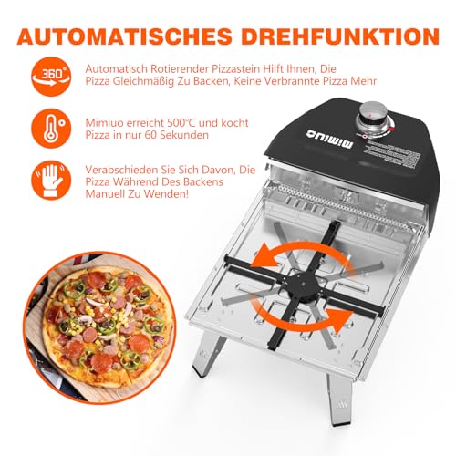 Mimiuo Gas Pizza Oven with Rotating Function for the Garden, Portable Pizza Oven Outdoor with 33 cm Round Pizza Stone and Pizza Shovel, Black (Global Patent)
