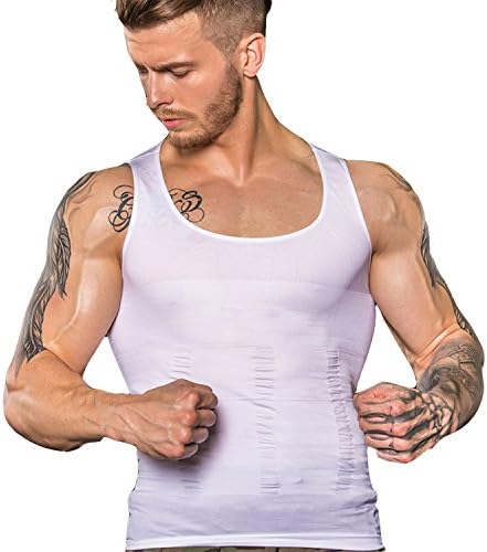 SAILORSTAR Mens Slimming Body Shaper Gynecomastia Compression Shirt Shapewear Waist Abdomen Slim Vest Tank Top Underwear (White1, Medium/32.6-38.2 Inch Waist)