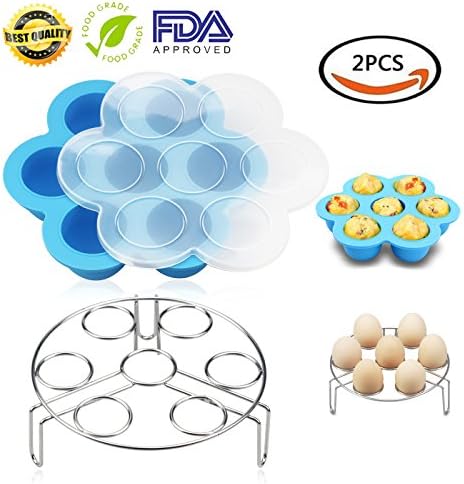 LUCKYCOOL Silicone Egg Bites Molds - Reusable Baby Food Storage Trays with Lid (FDA Approved) + Stainless Steel Egg Steamer Rack, All Perfect Fits Instant Pot 5, 6, 8 qt Pressure Cooker