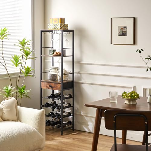 IBUYKE TMJ905H Wine Bottle Rack with Glass Door and Drawer, Brown | Countertop Bottle Storage with Shelf for Kitchen Bar Dining Room 16 Bottles