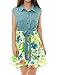 Allegra K Woman Printed Chiffon Panel Belted Above Knee Denim Shirt Dress