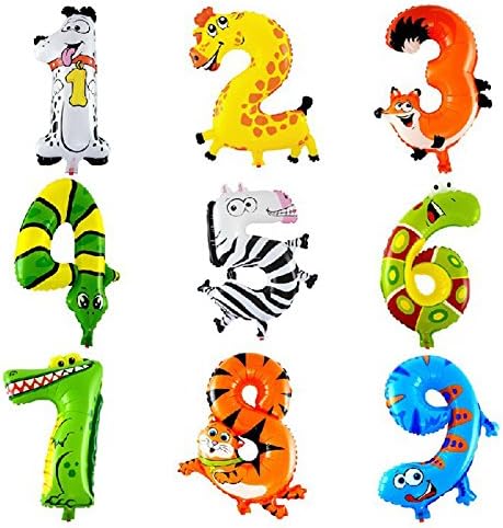 Ouinne 9PCS Animals Numbers Zoo Helium Foil Balloons Kit for Birthday Party Decorations Kids Gift