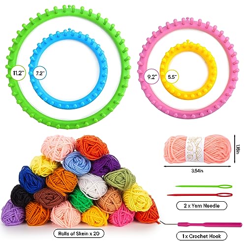 Shindel 27PCS Knitting Loom Set, Round Knitting Loom Kit Knitting Supplies with 20 Yarn Skeins for DIY Crafting Yarn Crochet Knitting