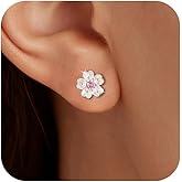 SUYACS Pink Cherry Blossom Flower Earrings with Cubic Zirconia for Women Elegant 925 Sterling Silver Birthstone Stud Earring Cute Floral Spring Summer Earring Wedding Jewelry to Daughter
