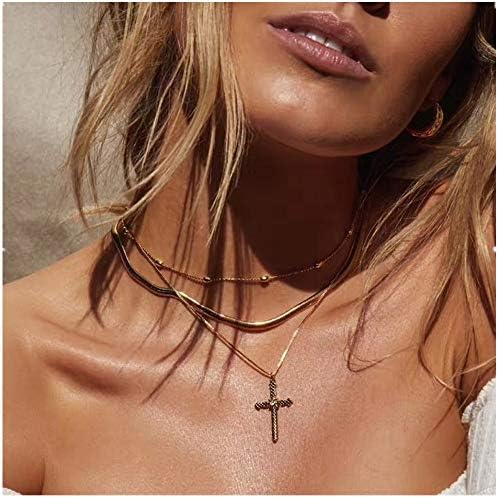 Yihoon Cross Necklace 18k Gold Plated and Layered Necklace Chain for Women, Girl's Cool Style Clavicle Chain Necklace