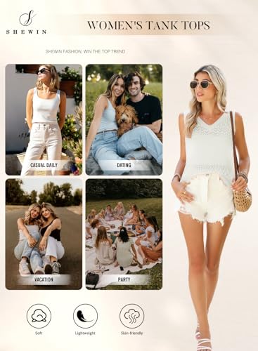 SHEWIN SWEATERS FOR WOMEN LIGHTWEIGHT V NECK SLEEVELESS CROCHET SWEATER VEST KNITTED SHIRTS FALL OUTFITS FOR WOMEN 2024,WHITE,S