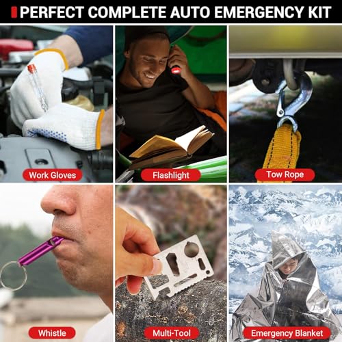 Emergency Breakdown Kit, 76 in 1 Multifunctional Roadside Assistance Car Breakdown Kit with Jumper Cables, Tow Rope, Triangle, Flashlight, Safety Hammer, etc
